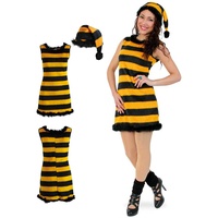 Karnevalsparty Damenkostüm Honey in gelb-schwarz gestreift kurzes Kleid mit Mütze im Zipfelmützen-Stil Plüschkostüm weich warm kuschelig Honig-Biene Honey (44)