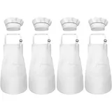Fodlon Kinderschürze und Kochmütze Set, Weiß Kinder Schürze für Kochen Backen Malen, Verstellbare Kochschürze mit 2 Taschen für Jungen Mädchen 6-13 Jahre (4 Sets)