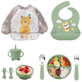 Silikon Baby Geschirrset Kindergeschirr, Baby Kinderteller Set, Geschirrset Kindergeschirr mit Saugnapf, 11 Stücke Rutschfest Silikon Geschirr Sets Rutschfest Babyteller Schüssel Lätzchen