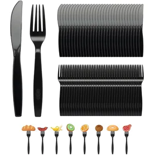 200 Stück Plastikbesteck, Plastik Besteck, Plastikbesteck Schwarz, Wiederverwendbar Set für Pizza, Dessert, 100 Plastikmesser & 100 Gabeln Plastikbesteck für Familienfeiern Outdoor Dinner, schwarz