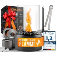 flammtal - Wärmender Tischkamin [4h Brenndauer] - Tischfeuer für Indoor & Outdoor - Verstellbare Flamme - Bio Ethanol Kamin mit Zwei Steinarten [weiß & schwarz] - Bioethanol Tischkamin mit 2 Kammern