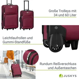 Juskys Trolley Kofferset Athen - 60 L, 2 Rollen, Weichschale, Handgepäck, Bordeaux