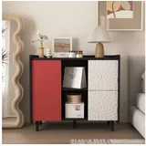 IDEASY Sideboard Moderner Buffetschrank Schwarz/Blau: 2 Schubladen + offene Fächer, Kaffeebar-Akzentschrank für Küche & Esszimmer rot|schwarz