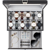 KILHS Uhrenbox 12 hren,Uhrenaufbewahrung box mit Glasdeckel,Uhrenkoffer mit herausnehmbaren Uhrenkissen,uhrenboxen für Herren,Uhrenschatulle Bezug in Schwarz, graues Samtfutter,Schwarz, GK-012-BK