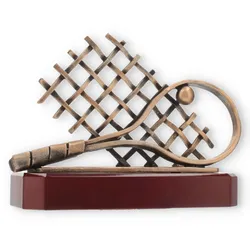 Pokal Zamakfigur Tennis altgold auf mahagonifarbenen Holzsockel 16,5cm
