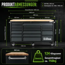Trutzholm Werkstattwagen Deluxe XXL Anthrazit unbestückt 160 x 91 cm 20 Schubladen Werkbank Sideboard