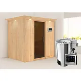 Woodfeeling Karibu Sauna Finja mit Bio-Ofen externe Stg.Easy LED-Dachkranz Natur