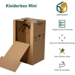 4 x Kleiderbox mini 40 kg Traglast stabiler Kleiderkarton mit Kleiderstange 2-wellig Umzugskarton Textilkarton BB-Verpackungen