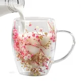 Yonuaret Blumen Doppelwandige Gläser 350ml Latte Macchiato Gläser Trockenblumen Doppelglas Borosilikatglas Kaffeetassen Glas Kaffeeglas Teegläser Für Cappuccino,Tee