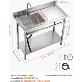 Vevor Spültisch Spülbecken Edelstahl (100 x 50 x 94 cm), Einzelbecken mit Wasserhahn & Ablage, Küchenspüle für Garage Restaurant Wäscherei, W...