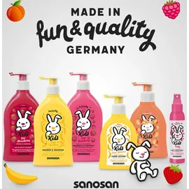 Sanosan Shampoo Pfirsich für Kinder & Babys 200 ml - Haarshampoo mit Bio Olivenextrakt & Milchprotein - Haarpflege, Haar Shampoo für Kind & Baby