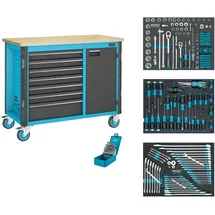 HAZET Werkbank Holz 522 x 398 mm blau fahrbar 234-tlg. mit 6 flachen und 1 hohen Schublade