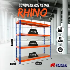 Proregal Profi Schwerlastregal Rhino HxBxT 200x200x60cm 4 Spanplatten-Ebenen 8mm Fachlast 500kg Blau/Orange Stecksystem Lagerregal, Steckregal,