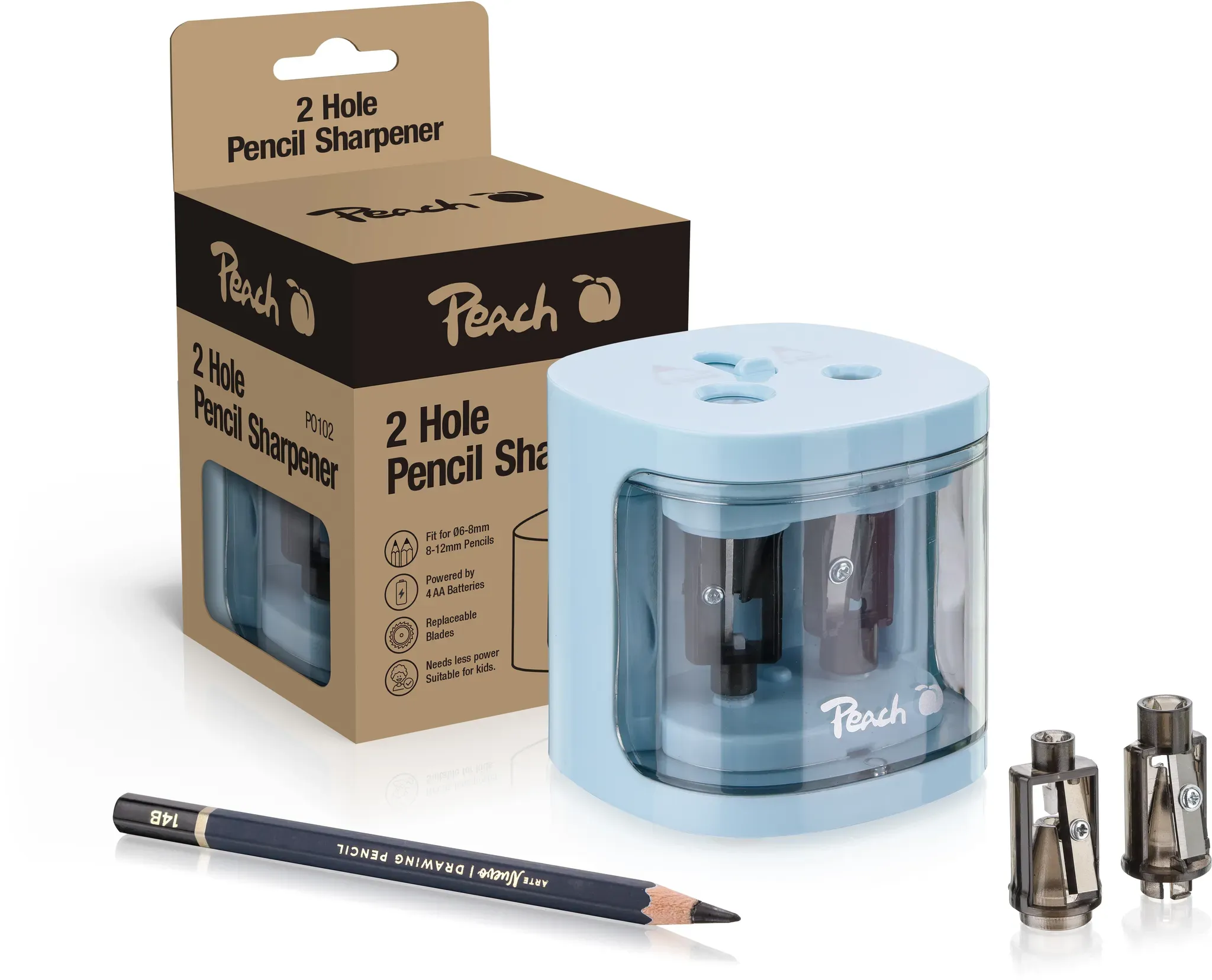 Peach elektrischer universal Anspitzer blau | inkl. Ersatzteile | für alle Bleistifte, Buntstifte, Eyeliner und Wachsmalstifte | Doppelspitzer für Stifte von 6-8 mm und 9-12 mm | PO102