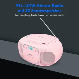 Medion E66476 Stereo Sound System (Boombox, CD-Player, MP3, Kassette, tragbarer Kassettenspieler für Kinder, UKW Radio, AUX, Kopfhörer, Netz & Batterie) Pink