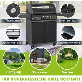 Juskys BBQ Gasgrill Savannah - 4 Brenner & 1 Seitenbrenner - Stahl Grill mit Gusseisen Grillrost,