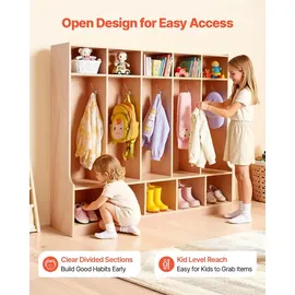 Vevor Offener Kinderkleiderschrank aus Holz, Kindergarderobe mit 10 Haken & 15 Fächern (5 Groß + 10 Klein), Garderobenregal & Aufbewahrungsregal für Kinderzimmer Zuhause Kindergarten Kita