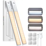 Maxetodo 2x Unterbauleuchte Küche 64 LED Küchenunterbauleuchte Schrankbeleuchtung Schrankleuchte mit Bewegungsmelder Innen 3 Farbtemperaturen Typ-C wiederaufladbar für Schränke Kleiderschrank Treppen