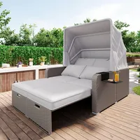 Laxnb Poly Rattan Gartenmöbel Set Garten Lounge Möbel, Doppelsofa Lounge mit Verstellbare Markise und Kissen, Sonneninsel für Garten & Pool, Gartensofa Balkonmöbel (Khaki)