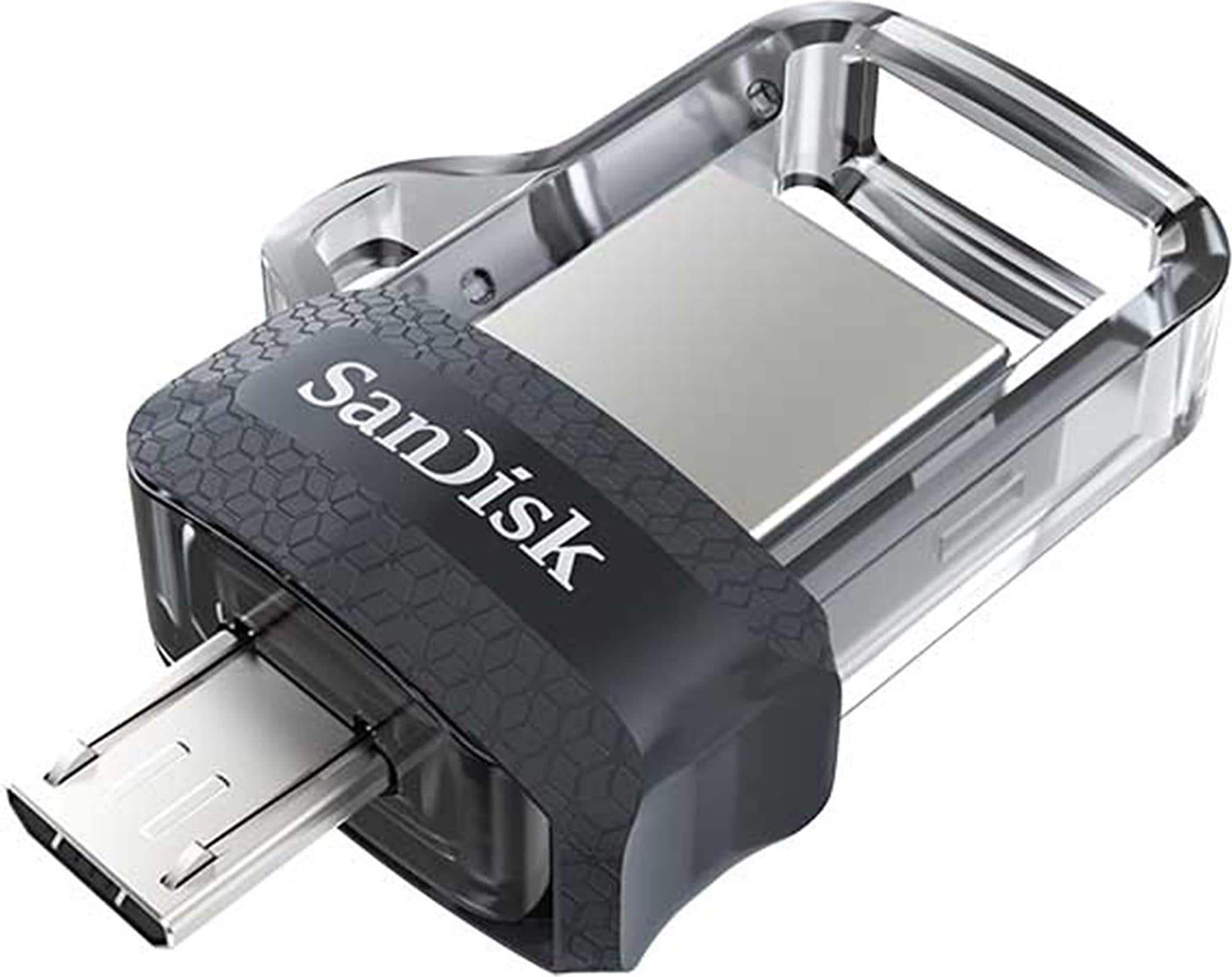 SanDisk Ultra Dual Drive M3.0 (16 GB, USB A, Micro USB, USB 3.0), USB Stick, Schwarz, Silber, Transparent