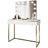 lookway Schminktisch, Weiß Hochglanz, Holzwerkstoff, Uni, 2 Schubladen, Rechteckig, 102x144x44 cm, Schlafzimmer, Schminktische