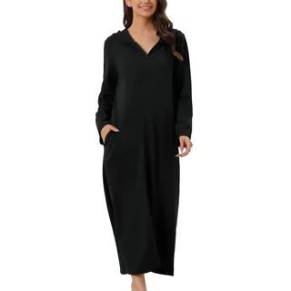 cheibear Damen-Bademantel mit Reißverschluss, Kapuzenpullover, langärmelig, Hausmantel mit Taschen, Schwarz , XXL - XXL