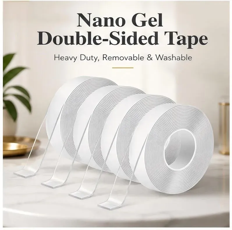Nano-Gel doppelseitiges Klebeband, extra stark – 4 Rollen x 3 Meter, abziehbar & abwaschbar, rückstandsfrei, wiederverwendbares Mehrzweck-Klebeband für Zuhause, Büro und Auto (1/2 Zoll x 1/24 Zoll x 10 Fuß)