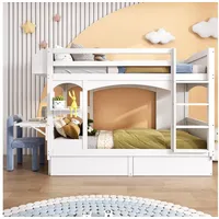 MODFU Kinderbett Etagenbett Hochbett (ohne Matratze, 90*200), mit klappbarem Schreibtisch,Regal,Leiter und 2 Schubladen,Massivholz weiß