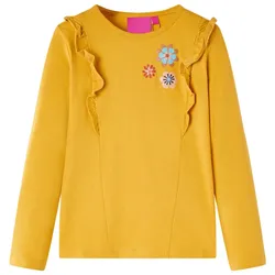 Kinder-Langarmshirt Dunkles Ocker 116 – Verspielt mit Blumen & Rüschen - 116