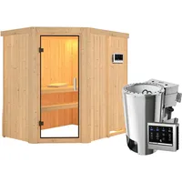 Karibu Sauna Saja - 68 mm Systemsauna - 230 Volt Plug & Play-3,6kW Plug&Play Bio-Kombiofen externer Steuerung Easy-Ohne Dachkranz-Klarglas Ganzglastür