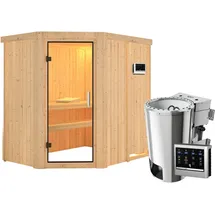 Karibu Sauna Saja - 68 mm Systemsauna - 230 Volt Plug & Play-3,6kW Plug&Play Bio-Kombiofen externer Steuerung Easy-Ohne Dachkranz-Klarglas Ganzglastür