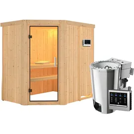 Karibu Sauna Saja - 68 mm Systemsauna - 230 Volt Plug & Play-3,6kW Plug&Play Bio-Kombiofen externer Steuerung Easy-Ohne Dachkranz-Klarglas Ganzglastür