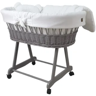 Stubenwagen Moseskorb AMELIA Grau aus Weide mit Musselin Bettwäsche Weiß
