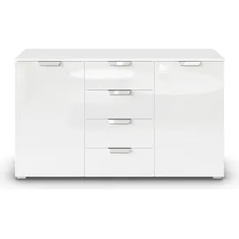 Rauch Möbel Glamour by Aditio Kombikommode, Kommode, Sideboard, Schubkastenkommode, 2-türig, 4 Schubkästen, Soft-Close, Farbe Hochglanz Weiß/Alpinweiß, 140x81x42cm
