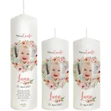 Liamoria® Taufkerze mit Foto für Mädchen im Kranz 25 cm Modell Luna - Personalisierte Fotokerze zur Taufe (mit 2 Patenkerzen)