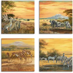 Leinwandbild ARTLAND "Geparden Elefanten Zebras in der Steppe", braun (farbe bild(er): braun), B:20cm H:20cm, Canvas, Leinwand, MDF, Bilder, 4er Set, verschiedene Größen