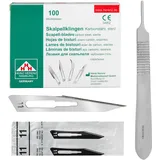 Set - 100 Stück Skalpellklingen Figur 11 aus Karbonstahl - Ersatzklingen einzeln steril verpackt + 1 x Shehadeh - Skalpell-Halter - Edelstahl