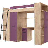 FurnitureByJDM Hochbett mit Schreibtisch, Kleiderschrank und Bücherregal - VERANA L - (Eiche Sonoma/Violett)