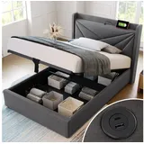 redom Polsterbett Stauraumbett (160x200 mit lattenrost, Ohne Matratze), Massivholz Stauraumbett mit USB/Typ-C Ladeanschluss grau