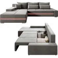 Juskys Sofa Davos Links - Bequemes Ecksofa mit Schlaffunktion, Bettkasten, Samt & LEDs - Hellgrau