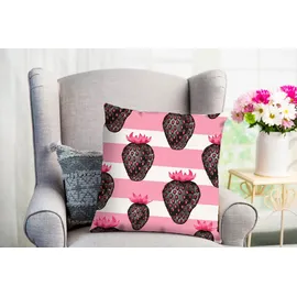 Queence Dekokissen Fakir, Kissenhülle,Erdbeeren,Weiße Streifen,Pinke Streifen,Frisch,Fröhlich rosa|weiß 50 cm x 50 cm
