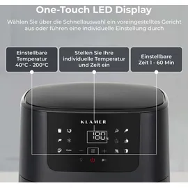 Klamer Heißluftfritteuse 5l XL, Heissluftfritteuse mit Sichtfenster & Schüttel-Erinnerung, Ölfreier 1500W Airfryer mit LED-Touchscreen, digitale... - Schwarz