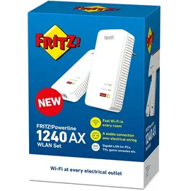 AVM Fritz!Powerline 1240 AX WLAN Set Edition International Extender Kit für Stromnetz bis zu 1.200 Mbit/s, Integriertes WLAN bis 600 Mbit/s, Mesh, Access Point, Schnittstelle auf Italienisch