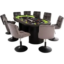 Home Deluxe - Pokertisch Mit 6 Stühlen Double Up - Tisch Mit Led Beleuchtung U. Getränkehalter, Maße: 215 X 106 X 78 Cm, Stuhlfarbe: Hellgrau I Spieltisch Poker Tisch Led-pokertisch Pokertisch Pokert