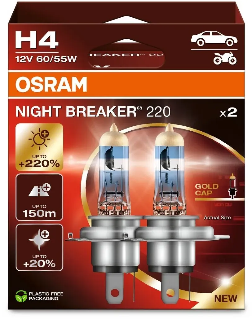 OSRAM NIGHT BREAKER® 220 H4 Duobox Glühlampe, Fernscheinwerfer,Glühlampe, Nebelscheinwerfer,Glühlampe, Hauptscheinwerfer 12V  64193NB220-2HB