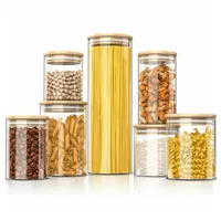Arendo Glasbehälter-Set aus Borosilikatglas mit Bambusdeckel, 7-tlg., mikrowellengeeignet, luftdicht