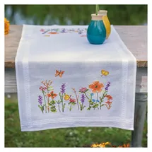 Vervaco Stickpackung Kreuzstich Set Vorgedruckt Tischläufer Lavendel und Feldblumen Stickdecken Vorgezeichnet DIY Basteln Kreativ Stickläufer zum Selbersticken 40 x 100 cm Stickset