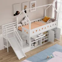 Kinderbett 90x200 cm Einzelbett mit Rutsche und Treppe Massivholz Hochbett Spielbett mit Schubladen und Schrank Stauraumbett Weiß ohne Matratze - Weiß