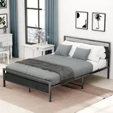 okwish Metallbett modernes 140 x 200 cm mit Lattenrost, Doppelbett klassisches Bett, geeignet für Gästezimmerbett, Jugendzimmerbett (Schwarz,Ohne Matratze)