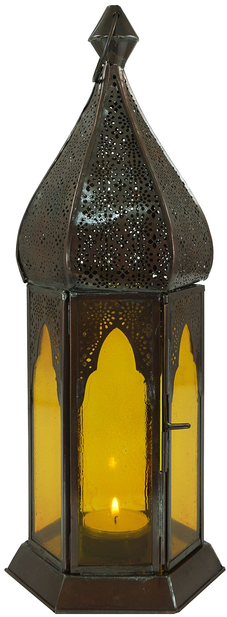 GURU SHOP Orientalische Metall/Glas Laterne in Marrokanischem Design, Windlicht, Gelb, Farbe: Gelb, 33x12x12 cm, Orientalische Laternen